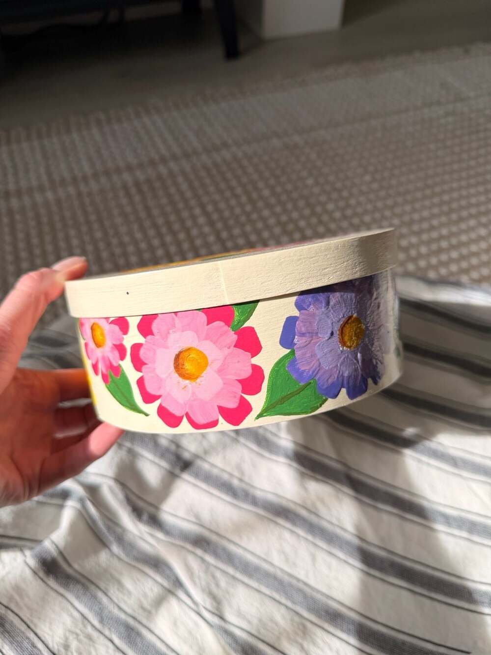 Hand-Painted Round Wooden Storage Box with Floral Motif